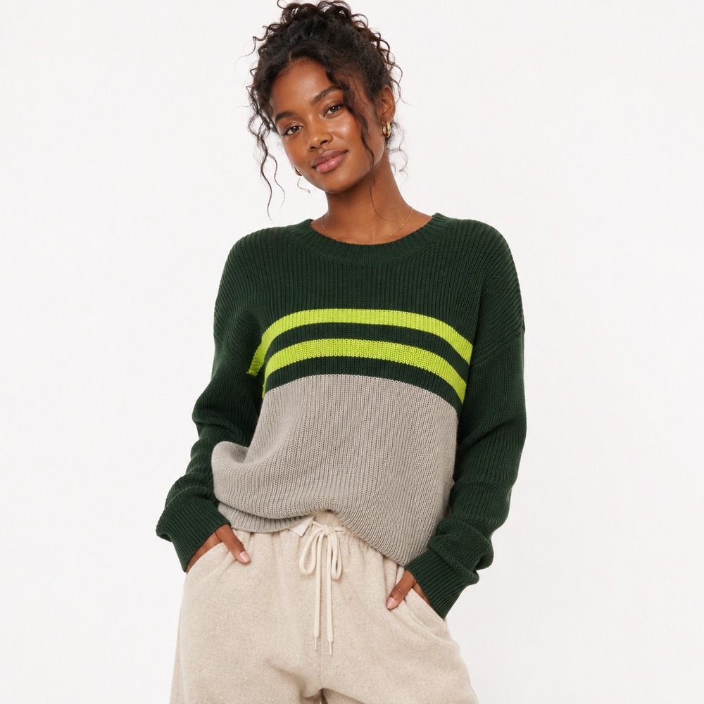 American Eagle Colorblock Striped Crewneck Sweater Green Grey Yellow Size S